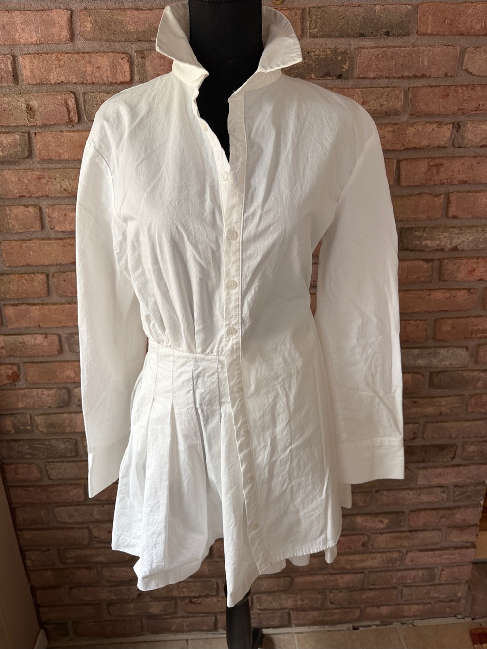 Crisp White Button-Front Waist-Pleated Tunic